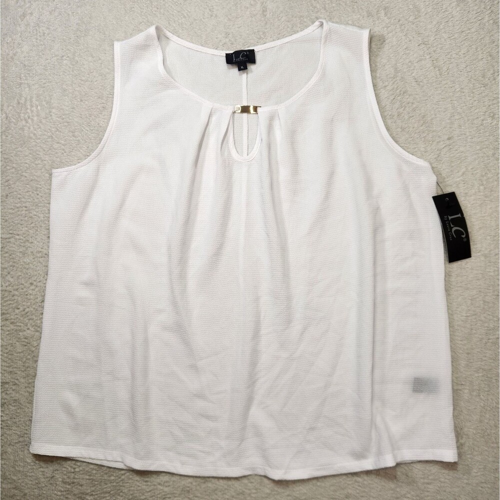LC Laura Cruz Women's XL White Sheer Top Pleated Sleeveless Gold Accent Stretch